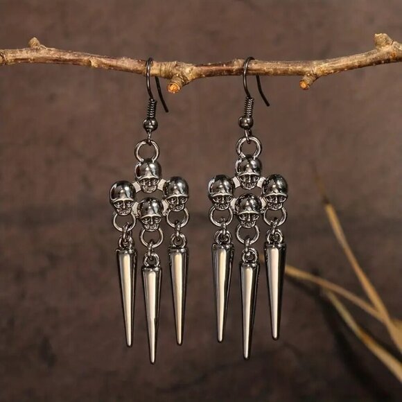 Gun Black Skull Spike Cone Halloween Metal Dangle Earrings - Picture 1 of 2